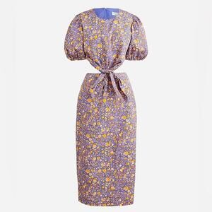 J. Crew Midnight Floral Cutout Tie Front Cotton Poplin Puff Sleeve Dress NWOT